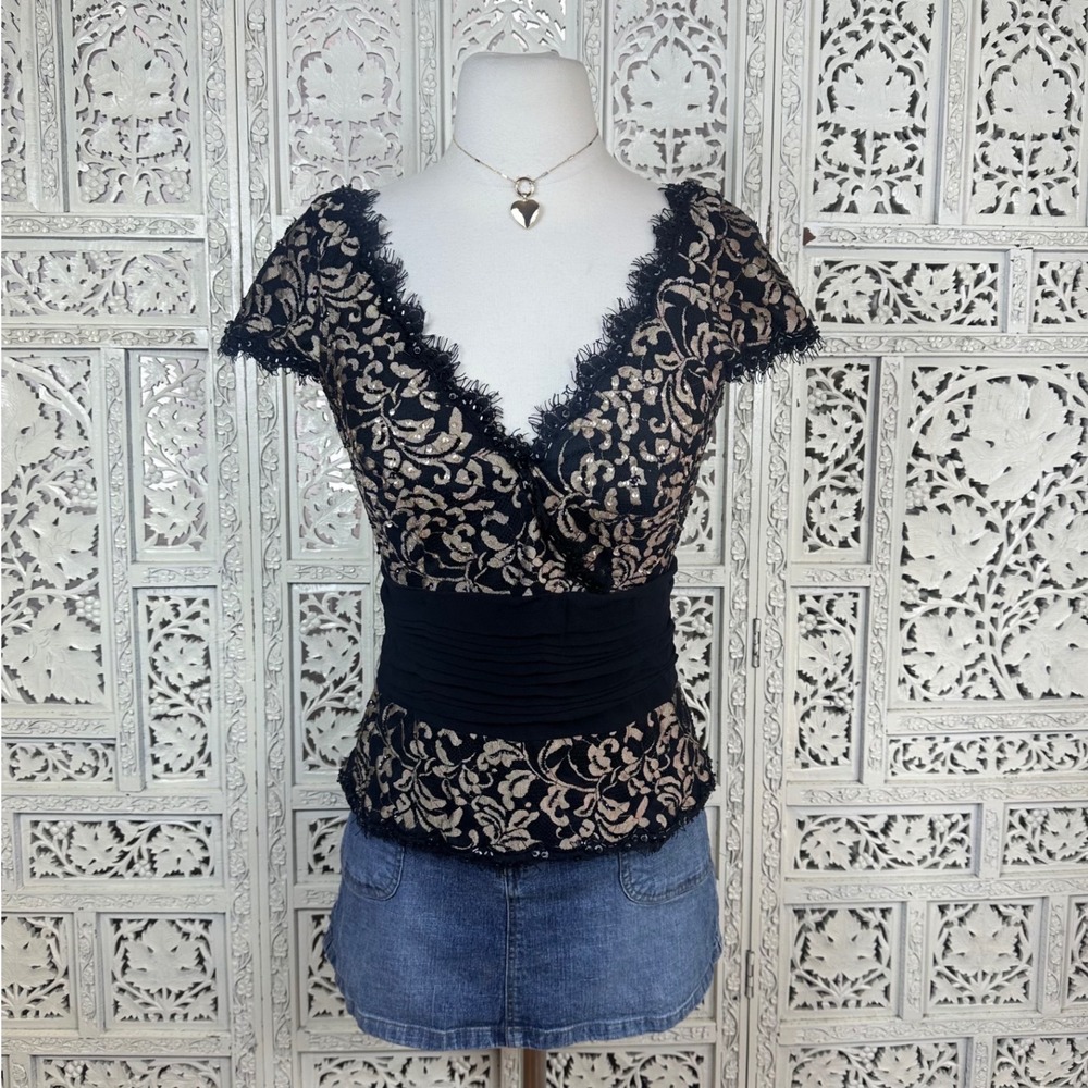 Tadashi Collection‎ Silk Blend Sequin Beaded Faux Wrap Short Sleeve Fairy Blouse